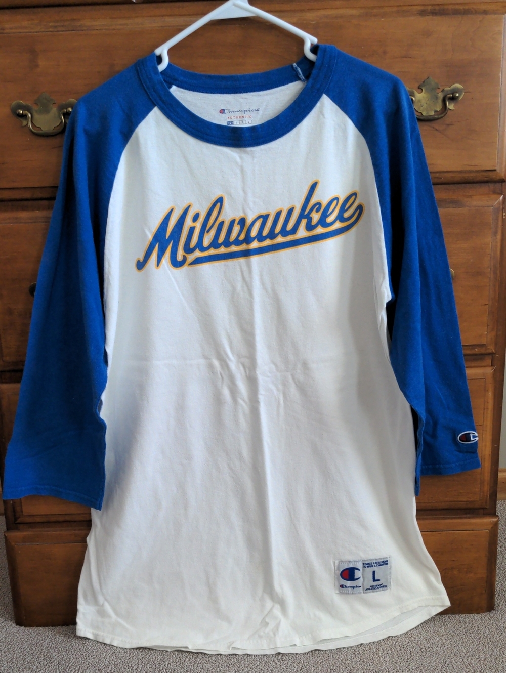 Champion Milwaukee Brewers White Raglan Tee with Blue Sleeves